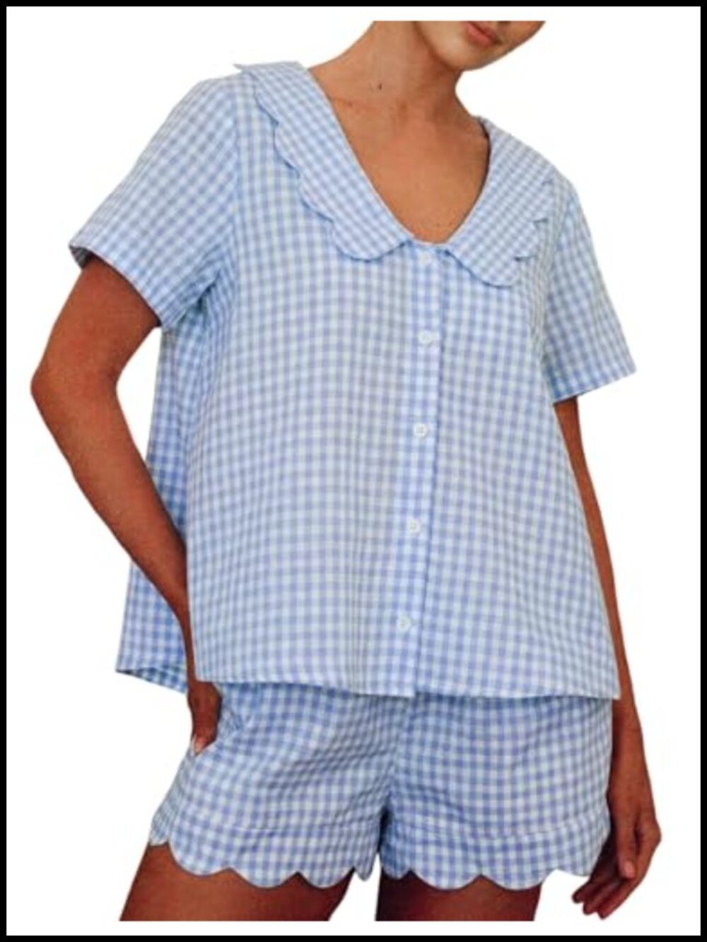 2 Piece Cotton Pajama Set Gingham Scalloped Babydoll Top Shorts